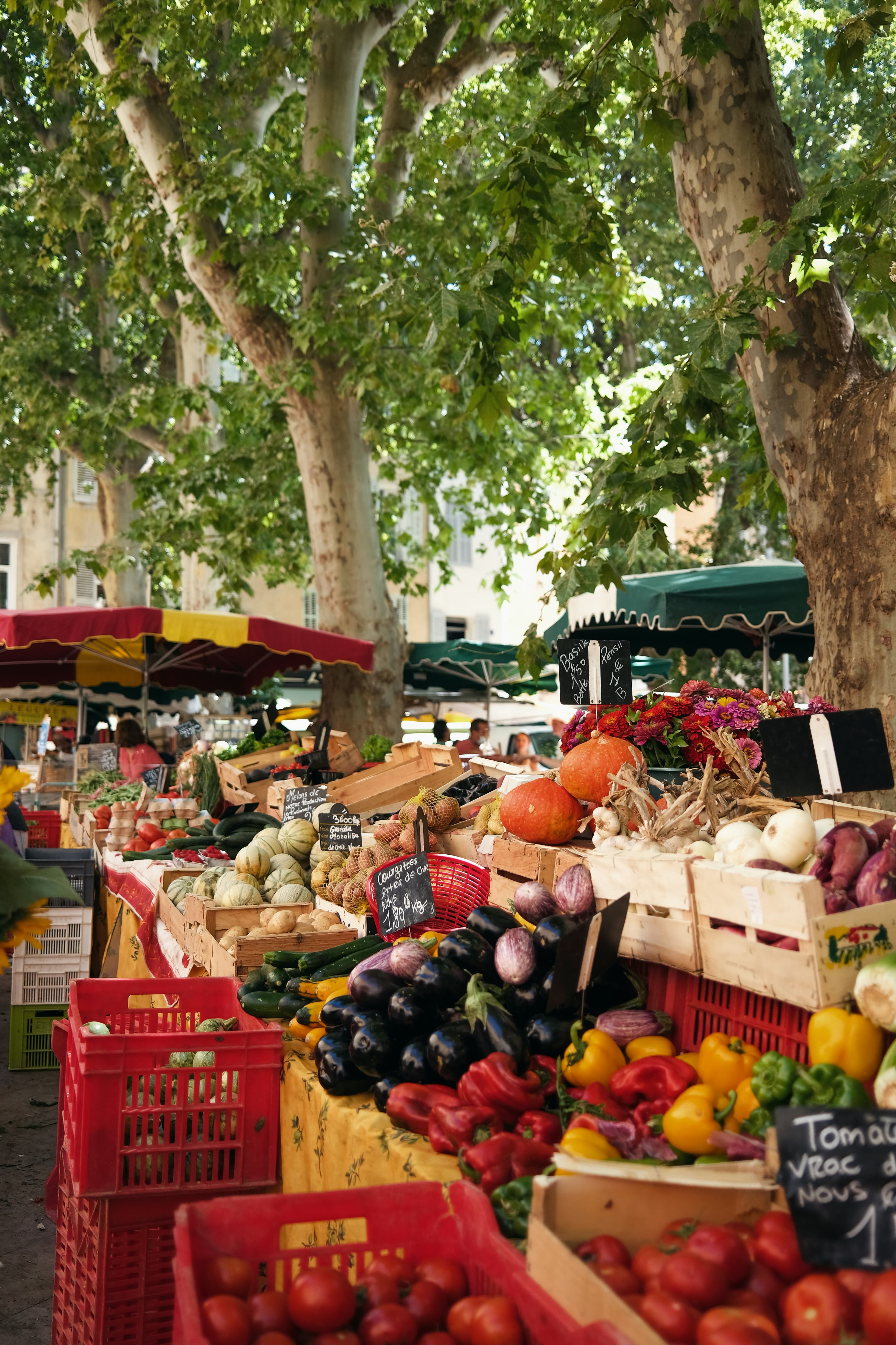 Een groentekraam op de markt, onder de platanen